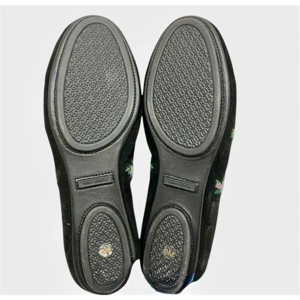 Tory Burch Minnie Travel Ballet Flats Womens 8M Black‎ Floral Suede Excellent